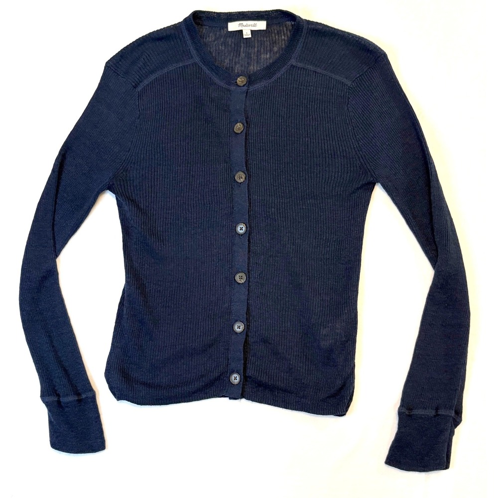 Madewell Cardigan Women S Navy Blue Linen Blend Ribbed Button Front Slim Fit - Picture 2 of 9